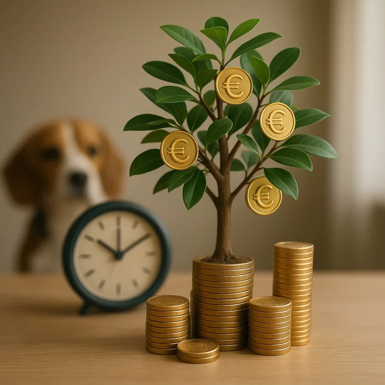 Árbol pequeño creciendo sobre monedas de euro con un reloj al fondo, representando el concepto de interés compuesto y crecimiento financiero.
