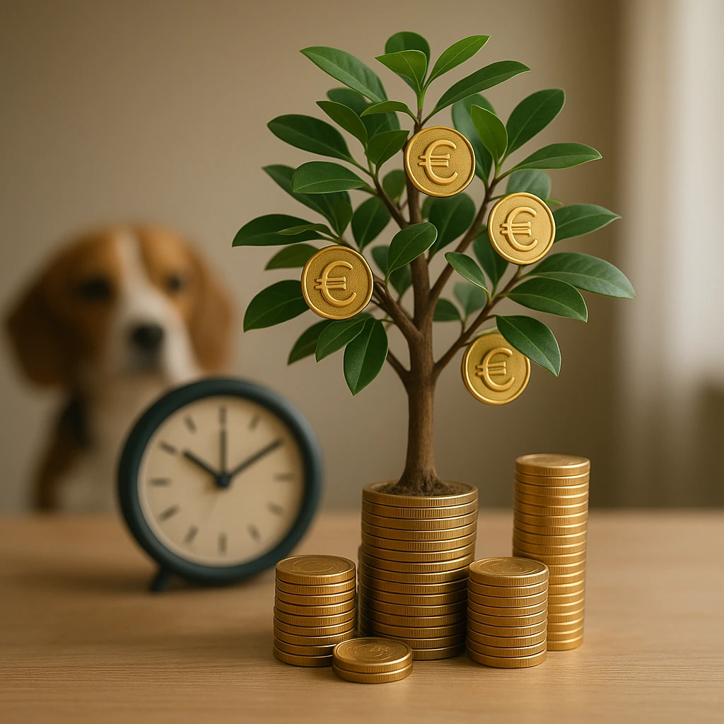 Árbol pequeño creciendo sobre monedas de euro con un reloj al fondo, representando el concepto de interés compuesto y crecimiento financiero.